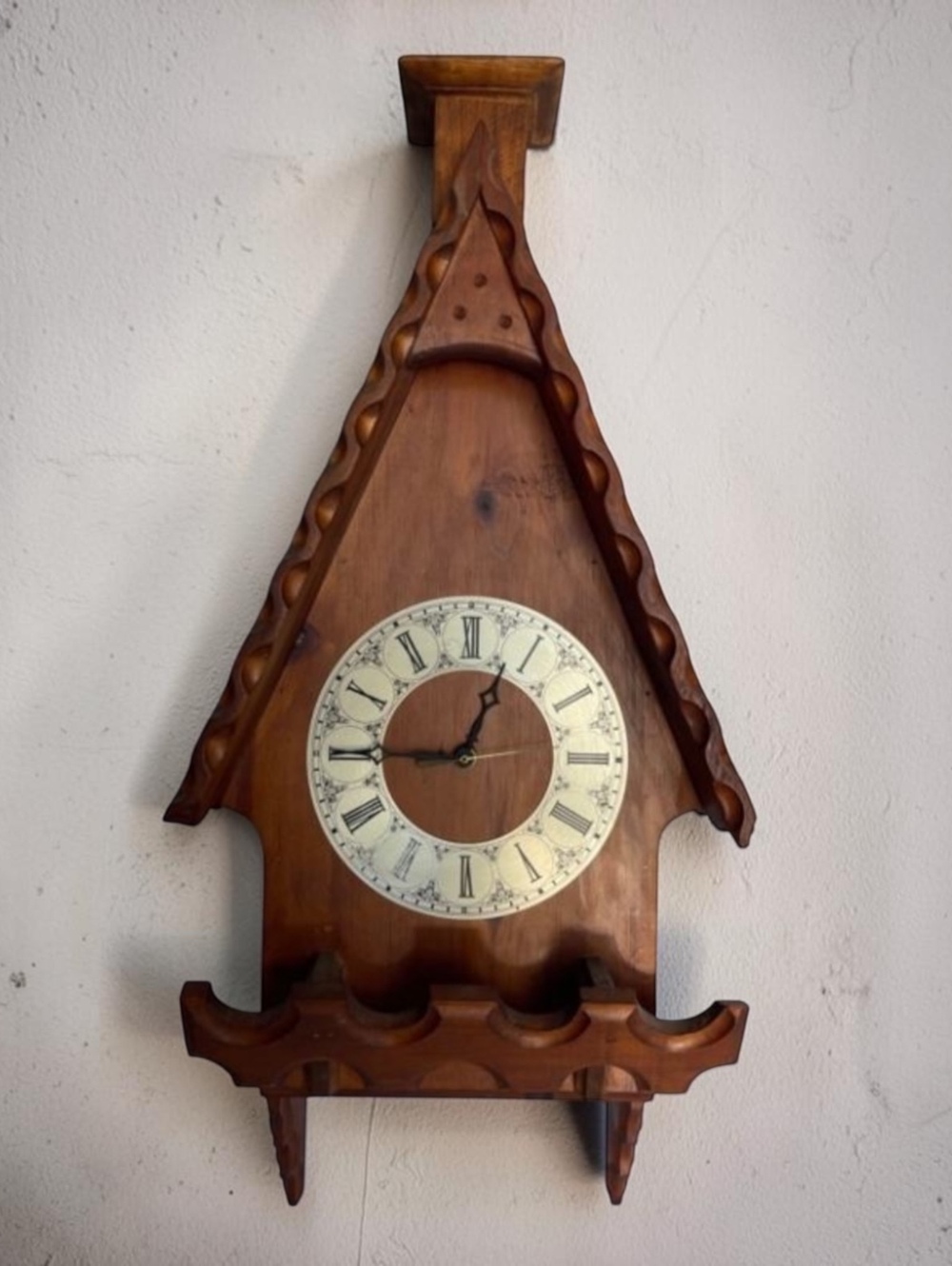 Vintage 1960s Carved Wood Chateau Wall Clock Roman Numerals Large Rustic